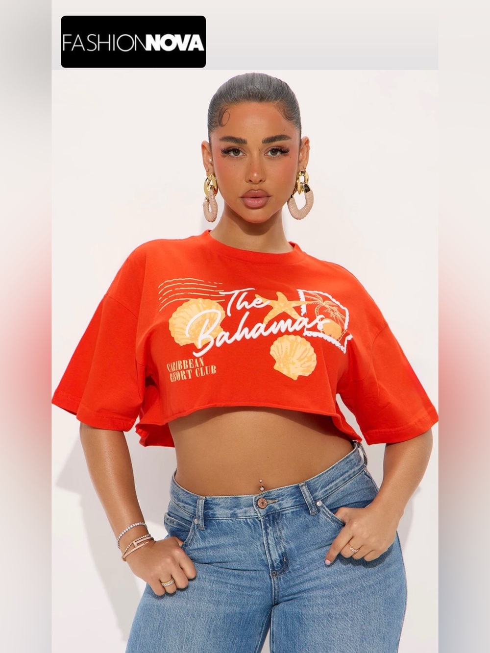 FashionNova Bahamas Postcard Vibrabt Red Cropped Tee, Size L